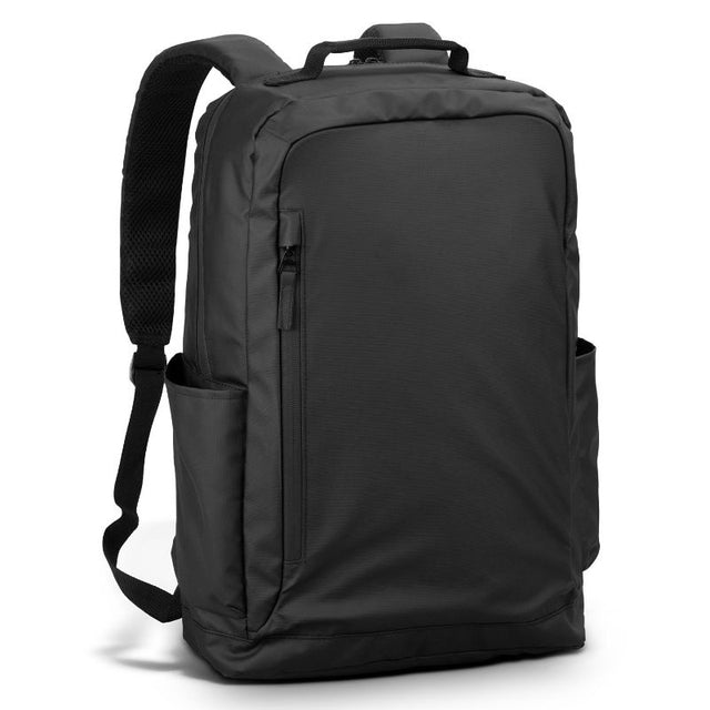 Sleek black Aquinas Backpack with waterproof coating, padded straps, and space for a 15-inch laptop or tablet.