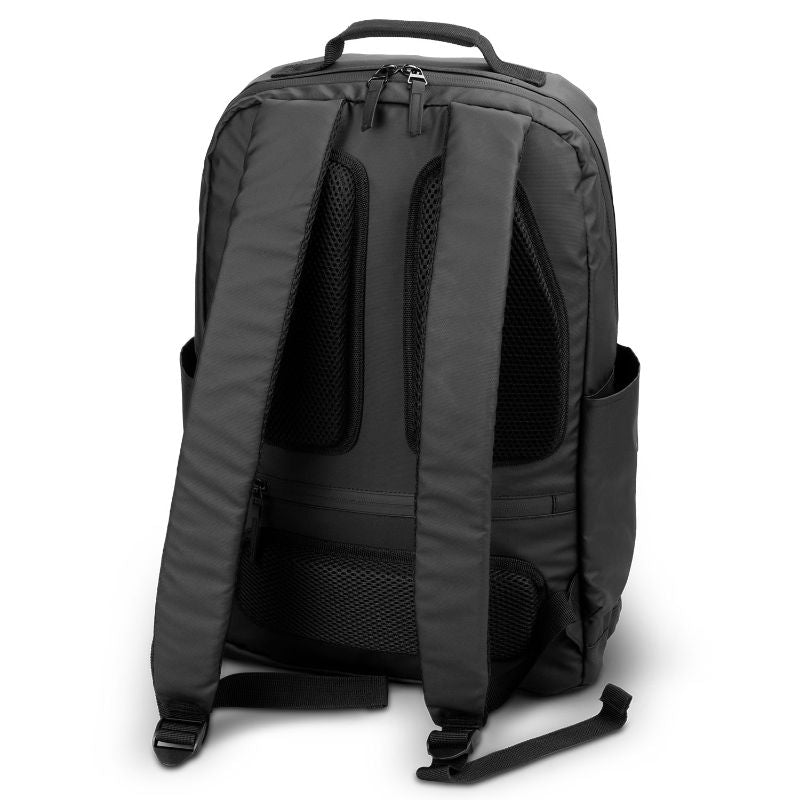 Sleek black Aquinas Backpack with waterproof coating, padded straps, and compartments for laptops and essentials.