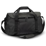 Sleek black Aquinas 20L duffle bag with waterproof coating, adjustable strap, and three zippered pockets. Ideal for travel.