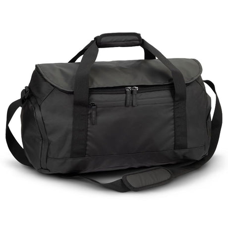 Sleek black Aquinas 20L duffle bag with waterproof coating, adjustable strap, and three zippered pockets. Ideal for travel.