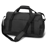 Black Aquinas 20L Duffle Bag featuring waterproof polycanvas, adjustable strap, and three zippered pockets for organized storage.
