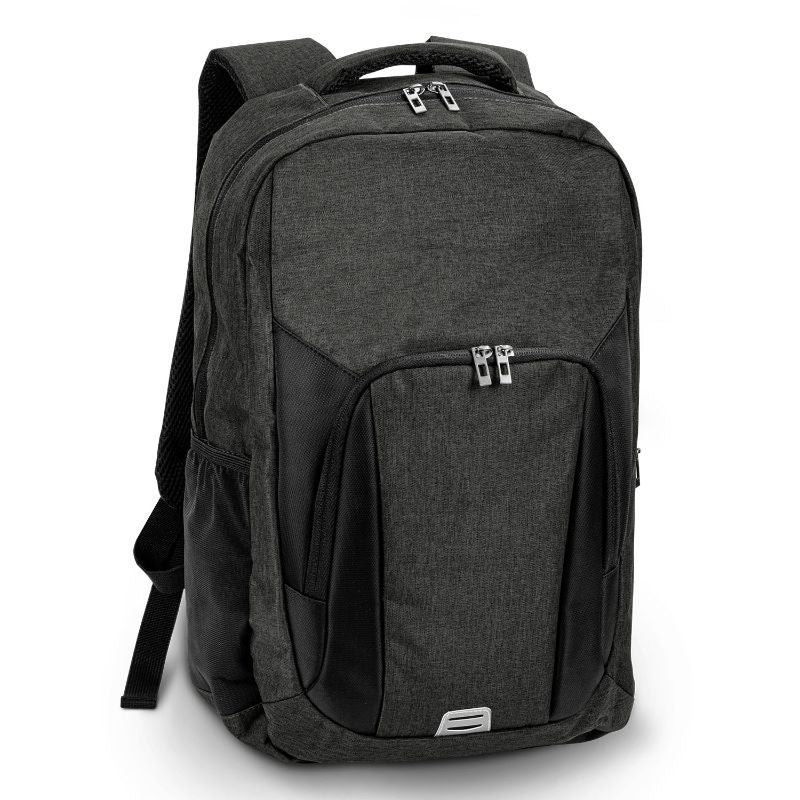 Stylish black and charcoal Selwyn backpack with padded back, laptop sleeve, and multiple storage pockets for everyday use.