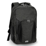 Stylish black and charcoal Selwyn backpack with padded back, laptop sleeve, and multiple storage pockets for everyday use.