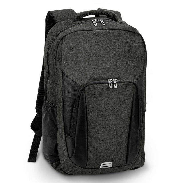 Stylish black and charcoal Selwyn backpack with padded back, laptop sleeve, and multiple storage pockets for everyday use.