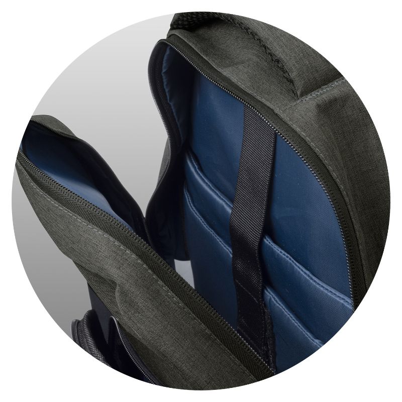 Stylish Black/Charcoal Selwyn Backpack with spacious compartments, padded back, adjustable straps, and durable 300D polyester material.
