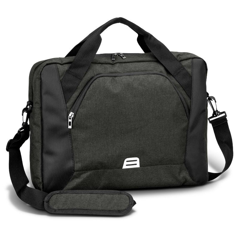 Sleek Selwyn Laptop Bag in Black/Charcoal with blue lining, padded laptop pocket, external zip pocket, and adjustable strap.