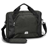 Sleek Selwyn Laptop Bag in Black/Charcoal with blue lining, padded laptop pocket, external zip pocket, and adjustable strap.