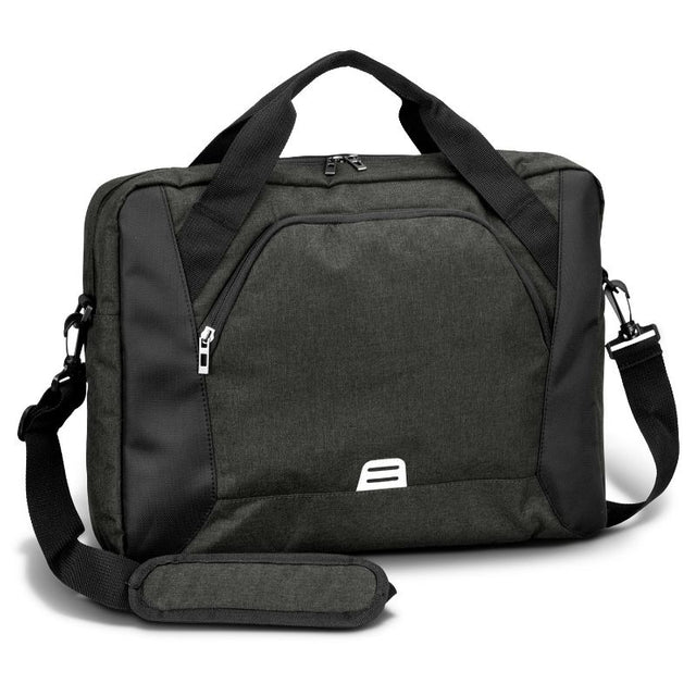 Sleek Selwyn Laptop Bag in Black/Charcoal with blue lining, padded laptop pocket, external zip pocket, and adjustable strap.