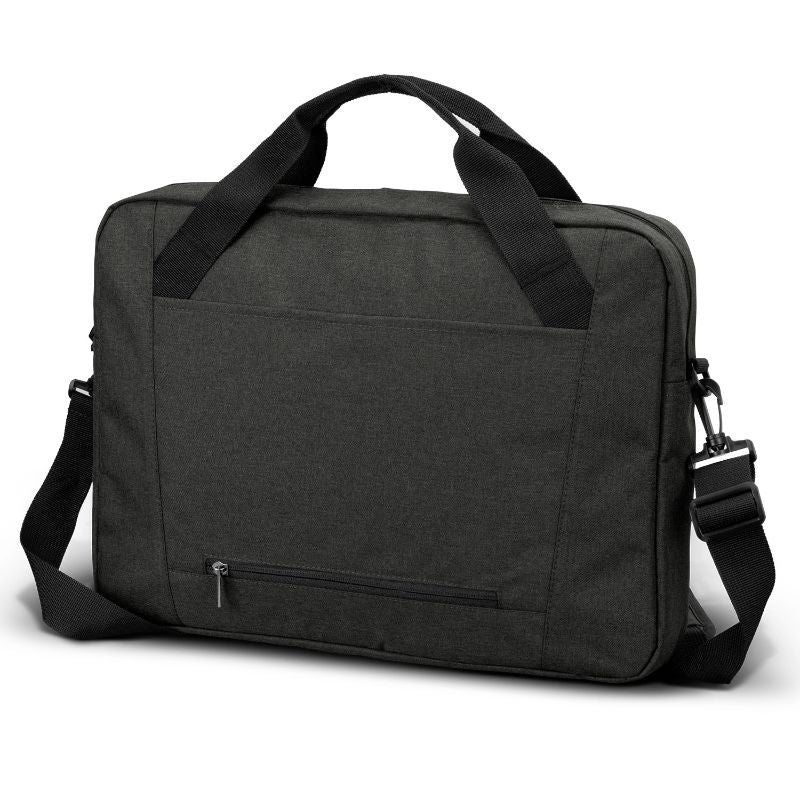 Sleek black and charcoal laptop bag with blue lining, padded compartment for 15-inch laptops, and adjustable shoulder strap.