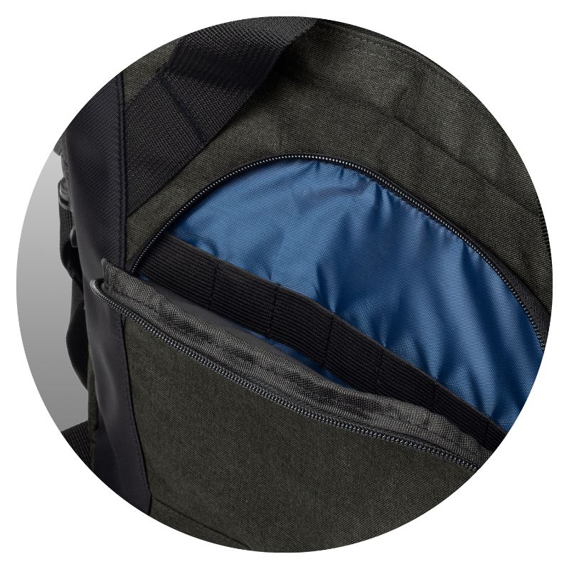 Stylish black/charcoal laptop bag with blue lining, padded pocket, and adjustable strap for ultimate comfort and functionality.