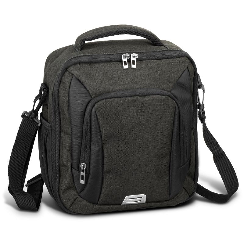 Black and charcoal Cooler Bag - Selwyn, 8L, with adjustable strap, zippered pocket, and insulation for outdoor adventures.