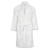 Luxurious white waffle bathrobe in medium size, featuring a shawl collar, pockets, and a comfortable belt for stylish lounging.