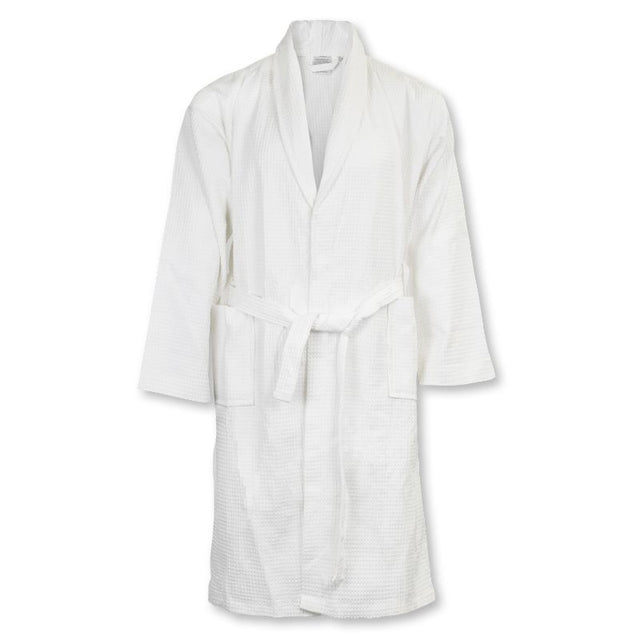Luxurious white waffle bathrobe in medium size, featuring a shawl collar, pockets, and a comfortable belt for stylish lounging.