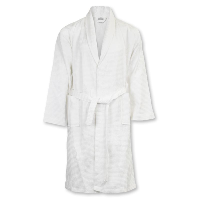 Luxurious Rochester White Waffle Bathrobe in large, made from 100% cotton, featuring a shawl collar, pockets, and adjustable waist.