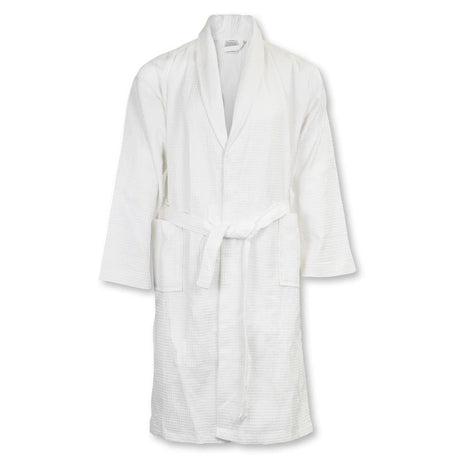 Luxurious Rochester White Waffle Bathrobe in large, made from 100% cotton, featuring a shawl collar, pockets, and adjustable waist.