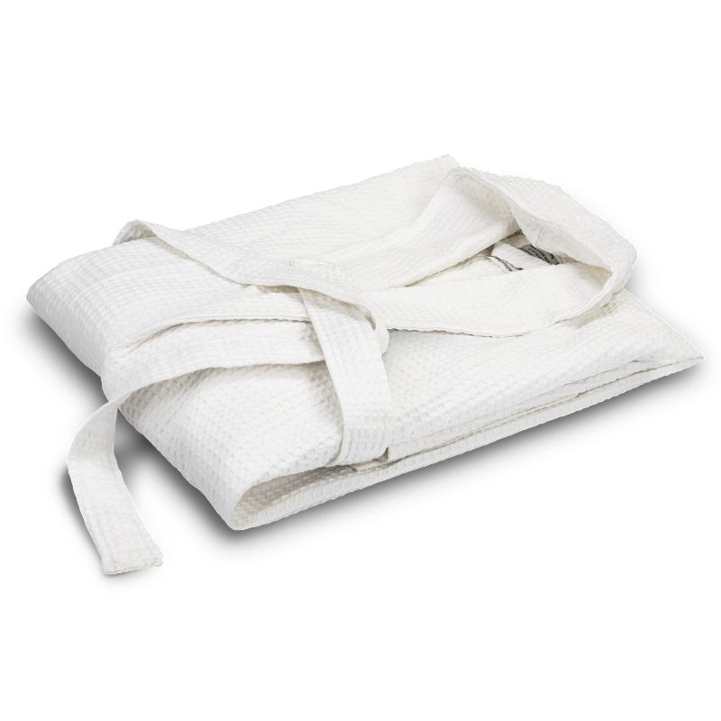 White Rochester Waffle Bathrobe, unisex cotton design with shawl collar, waistband, pockets; perfect for cozy lounging.