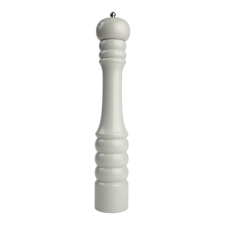 Sleek 405mm grey gloss pepper mill in Hevea wood with durable T & G mechanism for effortless seasoning.