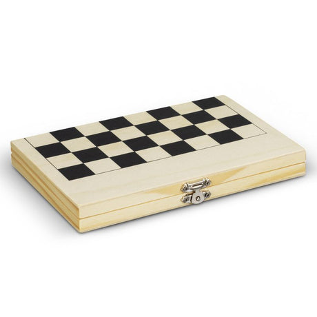 Elegant natural pine wood travel chess set, includes 3 compact sets, perfect for on-the-go gameplay and easy storage.