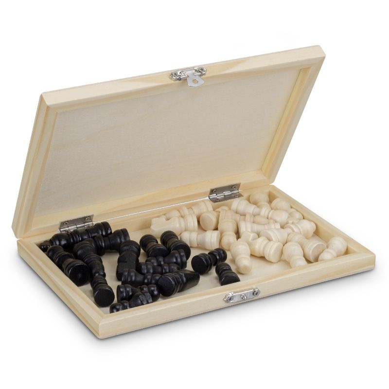 Travel chess set trio in natural pine wood, compact for on-the-go play, perfect for enthusiasts and giftable elegance.
