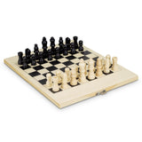 Travel chess set featuring 3 pine wood sets with a natural finish, compact for on-the-go gameplay.