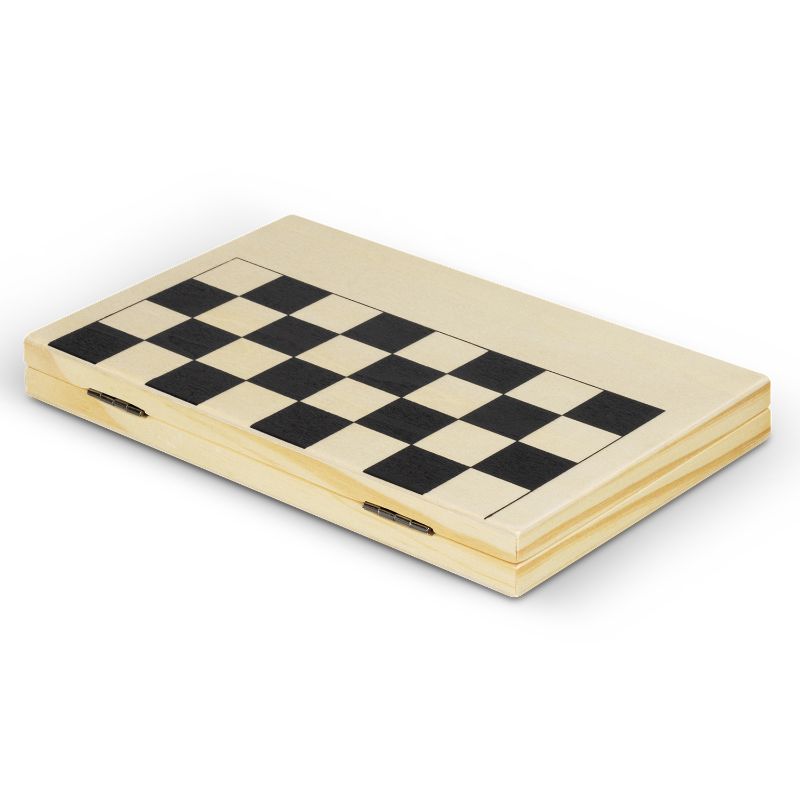 Deluxe travel chess sets in natural pine wood, compact design for portable gameplay, perfect for enthusiasts on the go.