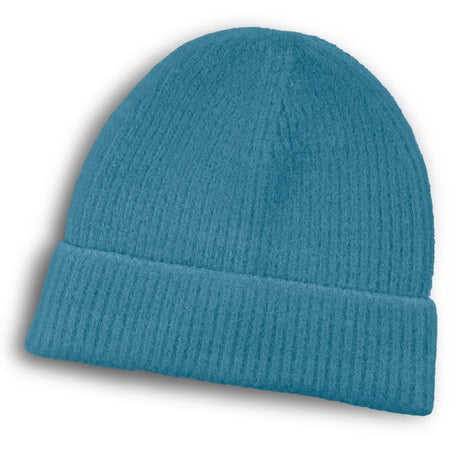Stylish blue acrylic beanie with a thick cuff, ideal for warmth and comfort in cold weather, sold in a pack of six.