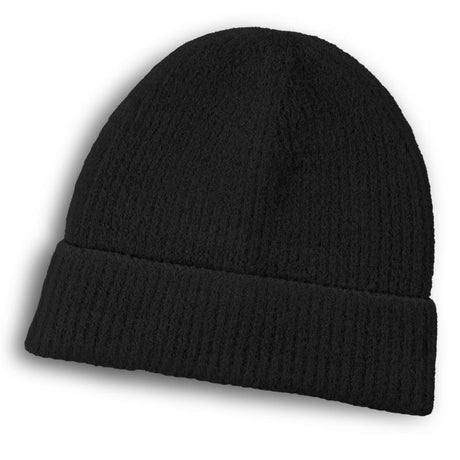 Avalanche Brushed Black Beanie: soft acrylic, thick cuff, stylish winter accessory, set of 6 for warmth and comfort.