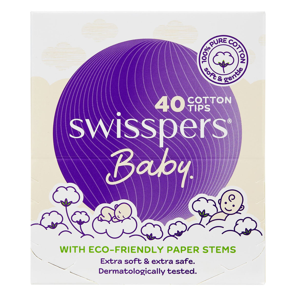 Swisspers Baby Cotton Tips in a 40-pack, designed for safely cleaning delicate areas with eco-friendly paper stems.