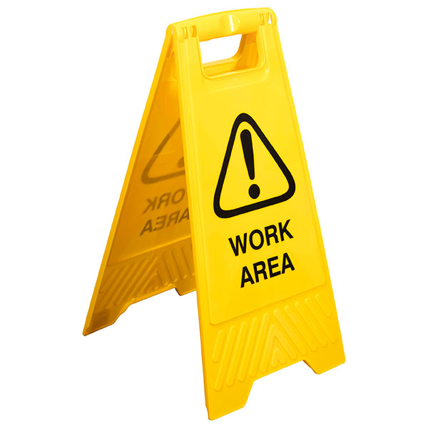 Bright yellow Cleanlink Safety Sign indicating work area hazards for enhanced safety and awareness in the workplace.