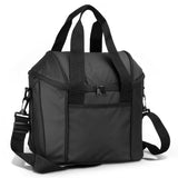 Stylish black Aquinas Cooler Bag, 18L capacity, water repellent, with durable insulation and multiple carrying options.