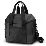 Sleek black Aquinas Cooler Bag, 18L, durable, waterproof, with zip closure and adjustable strap for easy transport.