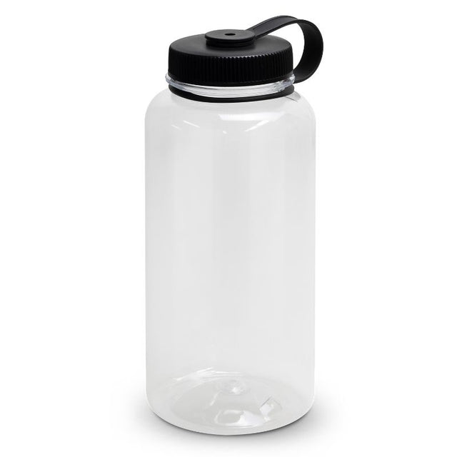 Clear/Black Mountaineer Bottles (6 units) in durable Tritan, 1L capacity, leak-proof lid, perfect for outdoor hydration.