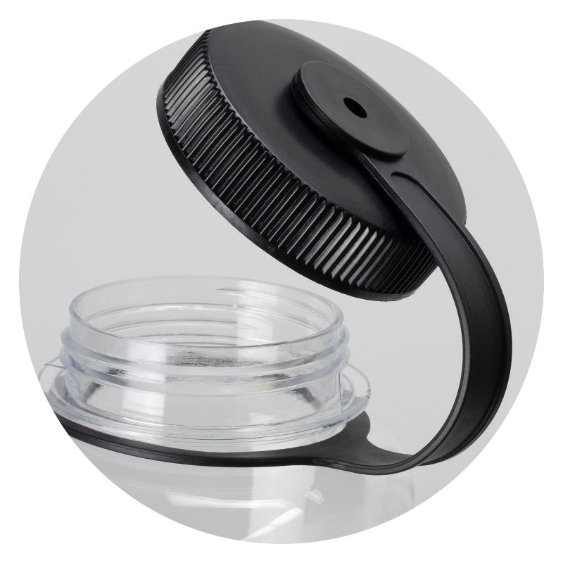 Durable 1L Mountaineer Bottle in Clear/Black, perfect for outdoor adventures, featuring a leak-proof lid and convenient holder.