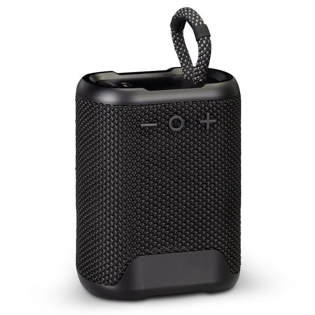 Outdoor Bluetooth speaker Loki in black, rugged, IPX7 water-resistant, 5W power, and 10m wireless range for adventures.