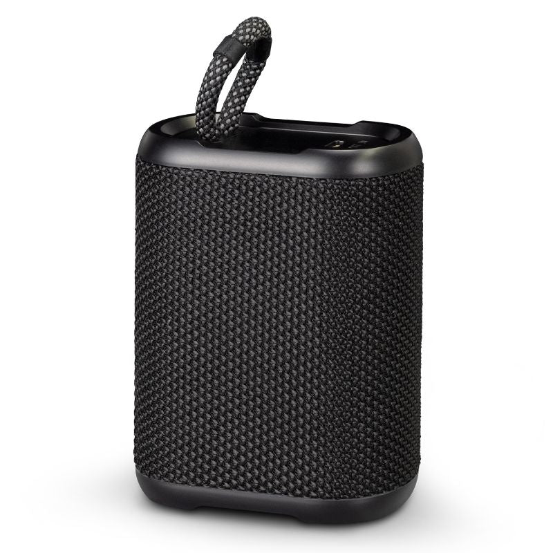 Compact black outdoor Bluetooth speaker, IPX7 water-resistant, 5W power, 3-hour battery, perfect for adventures.