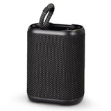 Compact black outdoor Bluetooth speaker, IPX7 water-resistant, 5W power, 3-hour battery, perfect for adventures.