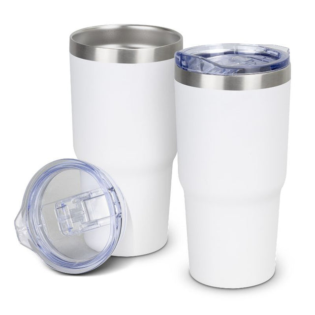 Set of 3 white vacuum tumblers with double-wall insulation, splashproof lids, and a durable powder-coated finish.