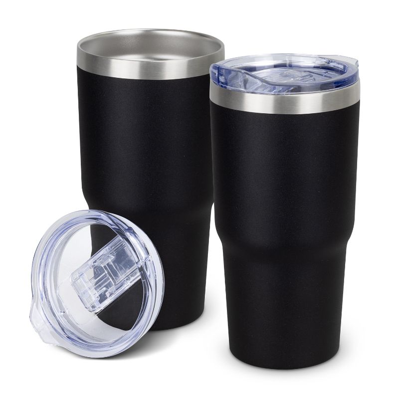 Vacuum tumbler set in black, 550ml, double-wall insulated, with splashproof lid—ideal for hot or cold drinks on the go.
