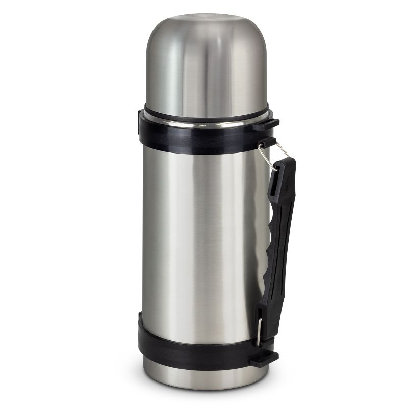 Elegant silver 1L Mitre vacuum flask, double-wall design, keeps beverages hot for 12 hours or cold for 24, with carry handle.