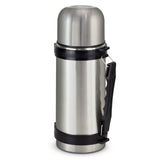 Elegant silver 1L Mitre vacuum flask, double-wall design, keeps beverages hot for 12 hours or cold for 24, with carry handle.