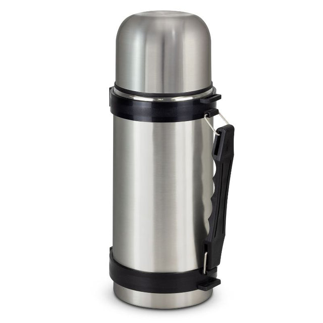 Elegant silver 1L Mitre vacuum flask, double-wall design, keeps beverages hot for 12 hours or cold for 24, with carry handle.