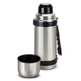 Silver Mitre Vacuum Flask, 1L, double-wall design, keeps drinks cold for 24 hrs or hot for 12 hrs, with carry handle and screw-on cup.