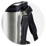 Mitre silver vacuum flask, 1L, keeps drinks cold for 24h or hot for 12h, with a black carry handle and screw-on cup.