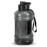 Colossal black 2.2L water bottle with flip lid, durable handle, and wrist strap, made from BPA-free Tritan.