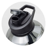 Large black hydration bottle with a flip lid, 2.2L capacity, BPA-free Tritan, and convenient carrying handle and strap.