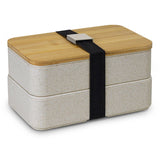 Eco-friendly stackable lunch box set of 6, made from wheat straw and polypropylene, with bamboo lid and utensils.