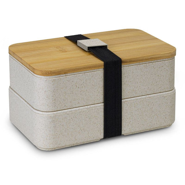 Eco-friendly stackable lunch box set of 6, made from wheat straw and polypropylene, with bamboo lid and utensils.