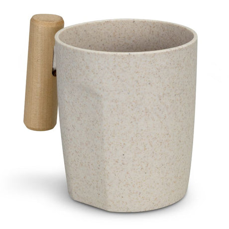 Eco-friendly 480ml coffee cup set with unique wood handle, crafted from wheat straw fiber, perfect for hot beverages.