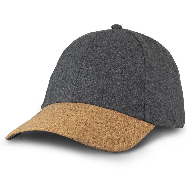 Charcoal six-panel cap with curved cork peak and adjustable brass buckle, perfect for stylish sun protection and outdoor adventures.
