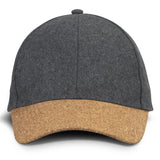 Charcoal six-panel cap with curved cork peak, brass buckle, and breathable eyelets, perfect for style and comfort.